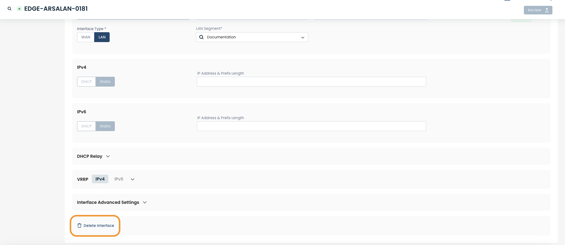 Interface settings for WAN and LAN with options for IPv4 and IPv6 configurations.